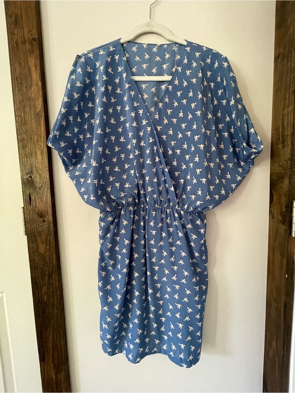 Blue Print Wrap-Style Women's Dress with hummingbird print